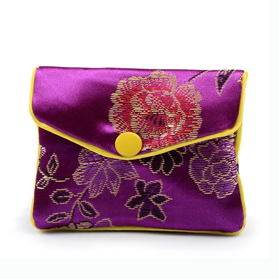 Chinese Style Rectangle Cloth Zipper Pouches with Flower Pattern and Snap Button Purple 7.5x9.5cm
