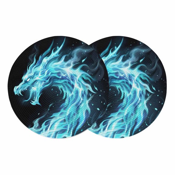 Chinese Style Round Placemats Set of 2 Chic Blue Dragon Gradient Fire Black Place Mats Indoor Woven Table Mats Washable Heat-Resistance Braided Dining Table Placemats for Kitchen Party Decor 13 Inch