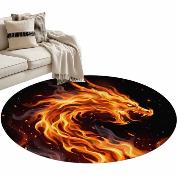 Chinese Style Round Rug 3.3ft Washable Circle Entryway Rugs Non Slip Fantasy Dragon Orange Gradient Fire Area Rug Indoor Floor Carpet for Bedroom Kitchen Living Room Home Office Dining Room Nursery