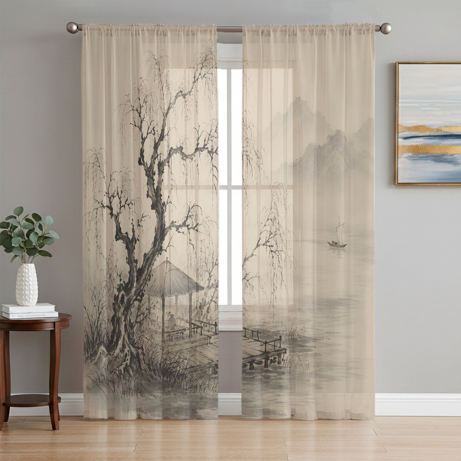 Chinese Style Sheer Curtains 63 Inch Length 2 Panels Set, Oriental ...