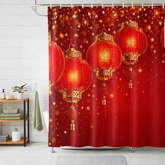 Chinese Style Shower Curtain for Bathroom, Happy New Year Traditional Lanterns Red Waterproof Fabric Shower Curtain with 12 Hooks, Bathroom Curtain Set for Bathroom Accessories Decor, 36 x 72 Inches