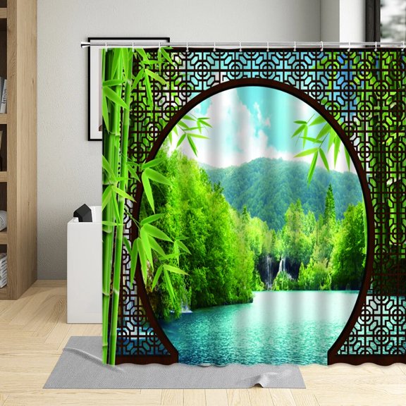 Chinese Style Shower Curtain Vintage Wood Board Garden Building Green Plant Bamboo Pattern Bathroom Decor Polyester Set