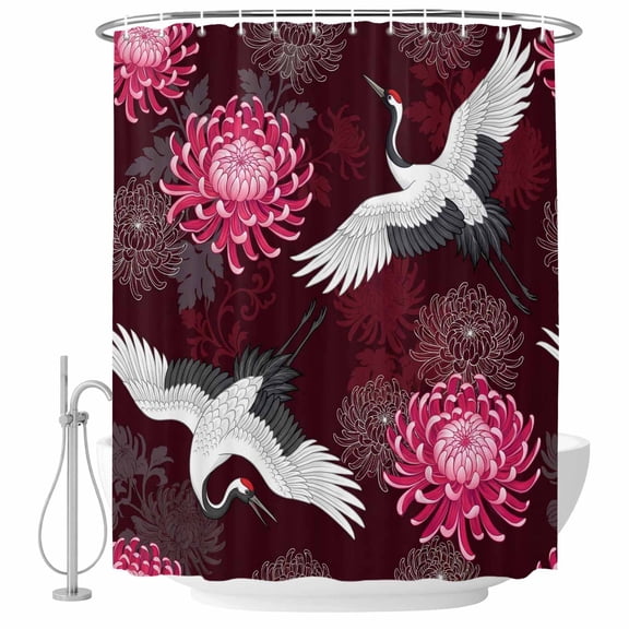 Chinese Style Shower Curtains for Bathroom, Waterproof Fabric Bath Curtains Decor, Bath Tub Curtain Rustic Swan Birds Botanical Flowers Decorative Shower Curtain Sets with 12 Hooks, 72x72 Inch