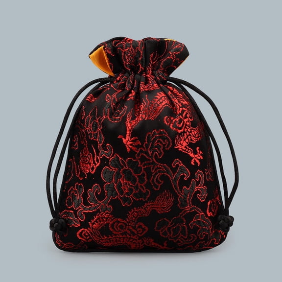 Chinese Style Silk Drawstring Jewelry Gift Bags Jewelry Storage Pouches Lining Random Color Rectangle with Dragon Pattern Dark Red 15x11.5cm