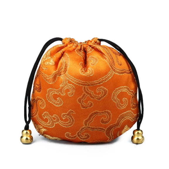 Chinese Style Stain Brocade Jewelry Packing Pouches Drawstring Gift Bags Auspicious Cloud Pattern Dark Orange 11x11cm