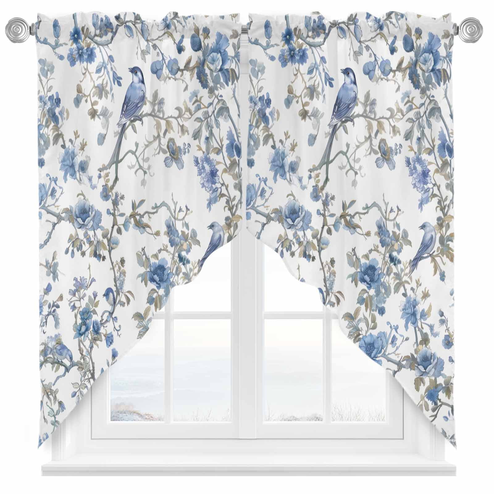 Chinese Pattern Valances Chinese Style Swag Valances for Windows 2 Pack Blue Flowers and Birds ...