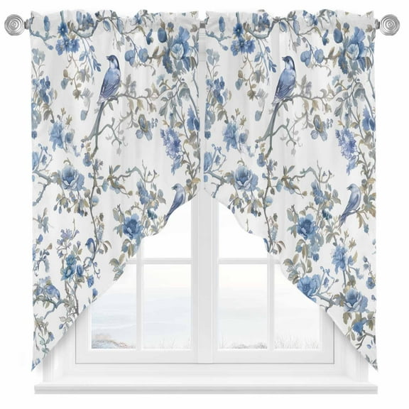 Chinese Style Swag Valances for Windows 2 Pack Blue Flowers and Birds Figure Swag Kitchen Curtains 36 Inches Long Rod Pocket Short Window Treatment for Kitchen Bathroom 36"x36"
