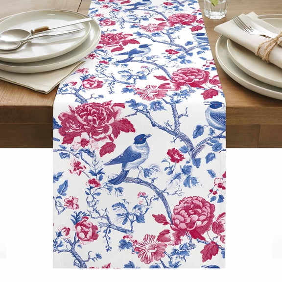Chinese Style Table Runner 13 x 48 Inch, Watercolor Tree Branch With Flowers Blue Bird Washable Cotton Linen Dining Table Runner Tabletop Decorations for Restaurant Home Kitchen Party