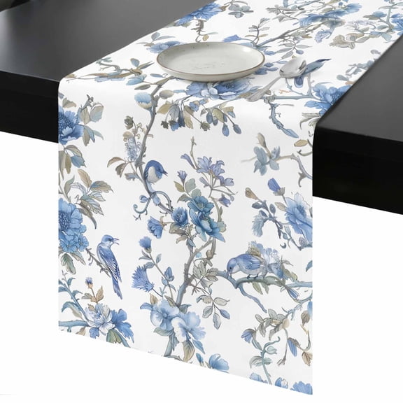Chinese Style Table Runner 13x48 Inch Blue Flowers and Birds Figure Table Runner Non-Slip Dresser Scarves for Holiday Decorations, Party, Dinner and Gatherings, 1 Pack