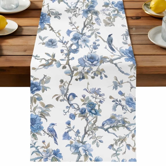 Chinese Style Table Runner, Blue Flowers and Birds Figure Cotton Linen Table Cloth, Tablerunner for Kitchen Dining Party Wedding Home Decor 13x48 Inch