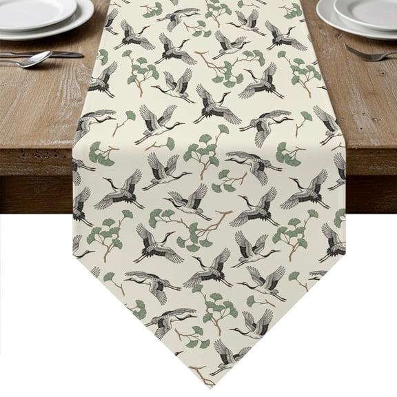 Chinese Style Table Runner Linen Burlap Table Runner 36 Inches Small Farmhouse Swan Birds Plant Branches Dresser Scarves for Kitchen Island Coffee Dining Room Party Wedding Holiday Decoration 13"x36"