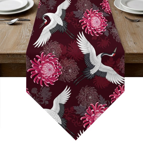 Chinese Style Table Runner Linen Burlap Table Runner 36 Inches Small Rustic Swan Birds Botanical Flowers Dresser Scarves for Kitchen Island Coffee Dining Room Party Wedding Holiday Decoration 13"x36"
