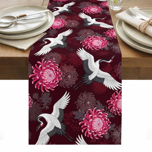 Chinese Style Table Runner Rustic Swan Birds Botanical Flowers Tablerunners 13 x 48 Inch, Table Decorations Tabletop Scarf for Summer Gathering Holiday Farmhouse Kitchen Dining Decor