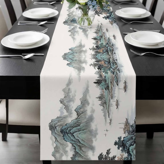 Chinese Style Table Runner, Traditional Ink Painting Tree Mountain Landscape Washable Cotton-linen Table Runners Dining Kitchen Decoration for Everyday Home Wedding Party Decor, 13 x 36 Inch