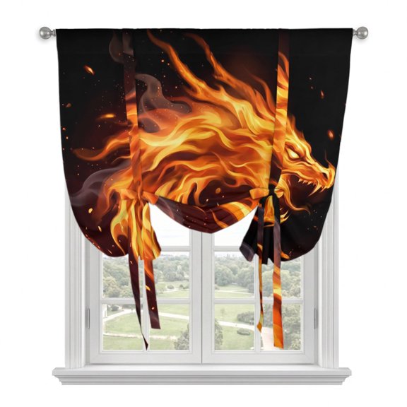 Chinese Style Tie Up Curtains for Window, Thermal Insulated Balloon Shade Adjustable Rod Pocket Curtains Valance Panels for Kitchen Bathroom Cafe 42 x 54 Fantasy Dragon Orange Gradient Fire