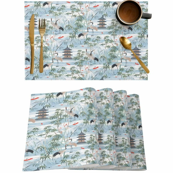 Chinese Style Tower Leaf Crane Placemats Set of 4,Wipeable Washable Table Mats for Dining Tables,Chinoiserie Blue Gradient Place Mats for Kitchen Event Party Tabletop Decor