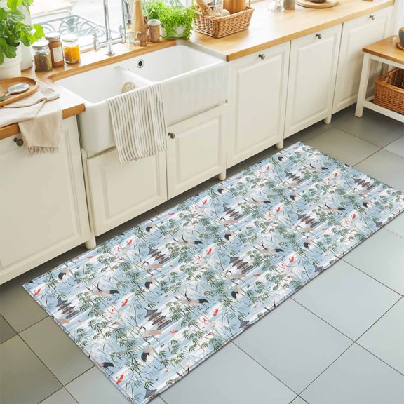 Chinese Style Tower Leaf Crane Rectangle Area Rug 2x6ft,Living Room Rug Non-Slip Washable Circle Rugs Pad,Chinoiserie Blue Gradient Soft Floor Carpet for Bedroom Dining Room