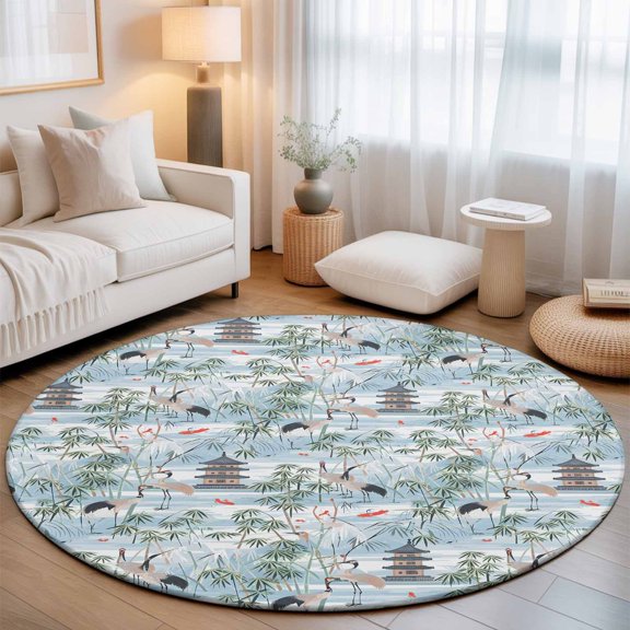 Chinese Style Tower Leaf Crane Round Rug 5ft Chinoiserie Blue Gradient Washable Area Rugs for Living Room Bedroom Entryway Non Slip Entrance Door Mat Indoor Floor Carpet