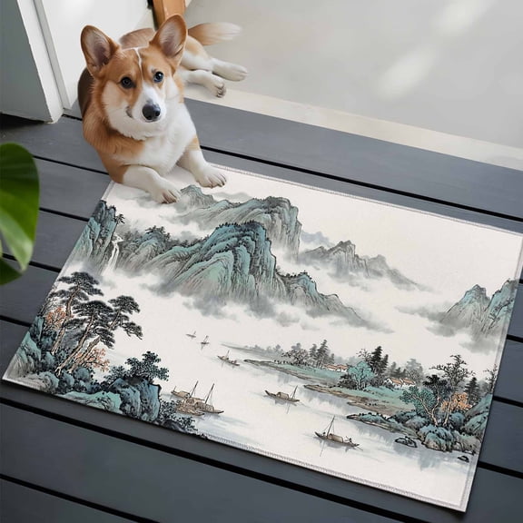 Chinese Style Washable Entry Rug 2x3 Traditional Ink Painting Tree Mountain Landscape Low Pile Indoor Door Mat with Rubber Backing Thin Area Rug for for Entrance, Bedroom, Kitchen, Laundry, Bathroom