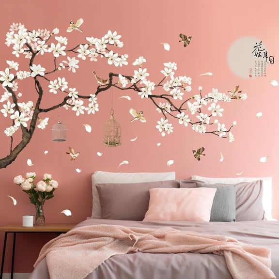 Chinese Style White Flowers Black Tree and Flying Birds Wall Stickers Removable DIY Wall Art Decor Decals Murals for Kids Nursery Offices Home Walls Bedroom Study Room Wall Decaoration, 50inchx74inch