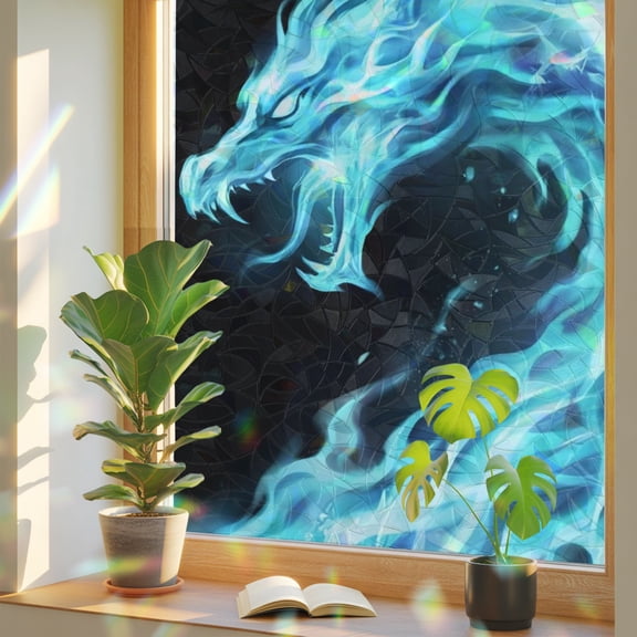 Chinese Style Window Privacy Film Rainbow Static Cling Stain Glass Window Film for Glass Door, Decorative Blocking Sunroof Decal Sticker for Car Home 17.7"x78.7" Chic Blue Dragon Gradient Fire Black