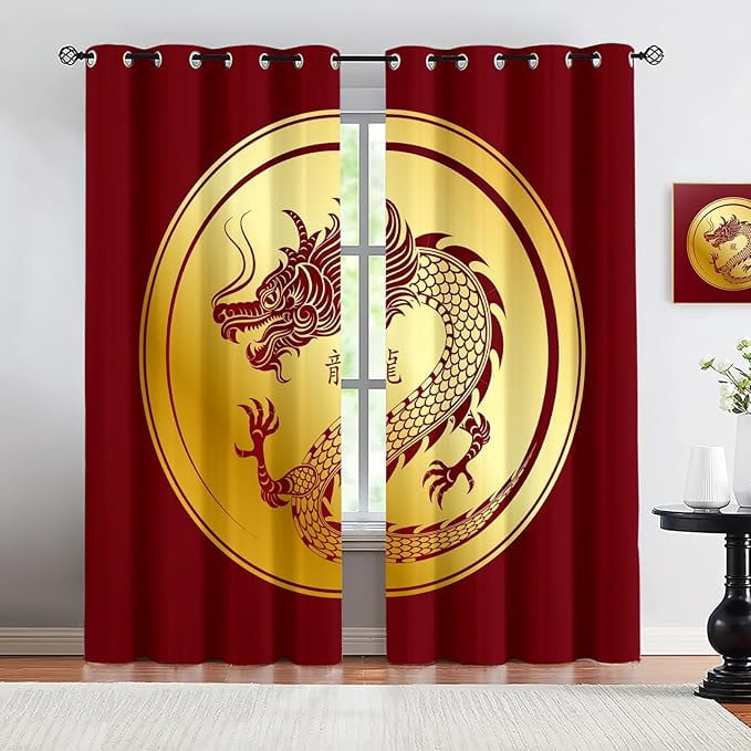 Chinese Style Window Treatments For Living Room, Vintage Red Dragon ...