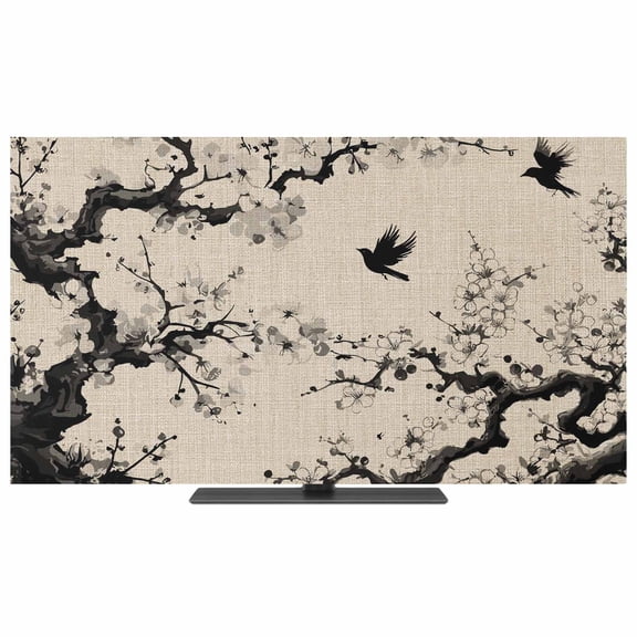 Chinese TV Dust Cover,Stretchable TV Screen Desktop Computer Protector Cover,Black White Tree Flowers Traditional Ink Painting Television Dustproof Slipcover for 19–24 Inch Flat or Curved TVs