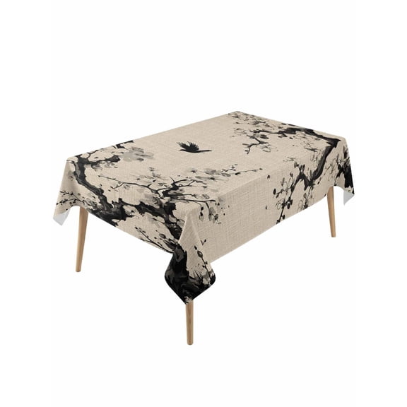 Chinese Table Cloth, Waterproof Tablecloth for Rectangle Tables, Black White Tree Flowers Traditional Ink Painting Reusable Washable Fabric Table Cover for Restaurant Kitchen Dining Tables 60"x120"