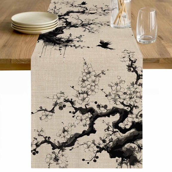 Chinese Table Runner - 36 Inch Long Black White Tree Flowers Traditional Ink Painting Cotton and Linen Blended Dress Scarves Farmhouse Table Runner for Kitchen Dining, Coffee Table, 13" x 36"