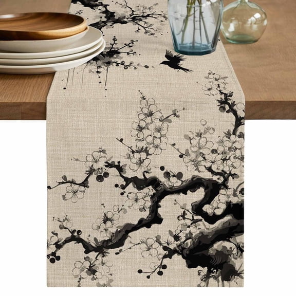 Chinese Table Runner, Black White Tree Flowers Traditional Ink Painting Washable Cotton Linen Table Runners 48 Inches Long, Dresser Scarf Runner for Nightstand/Coffee/End Tables 13''x48''