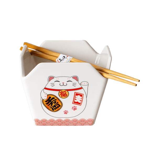 Chinese Takeout Box Style Porcelain Bowl with Chopsticks Lucky Cat Maneki Neko Design 18 fl oz Square Shape