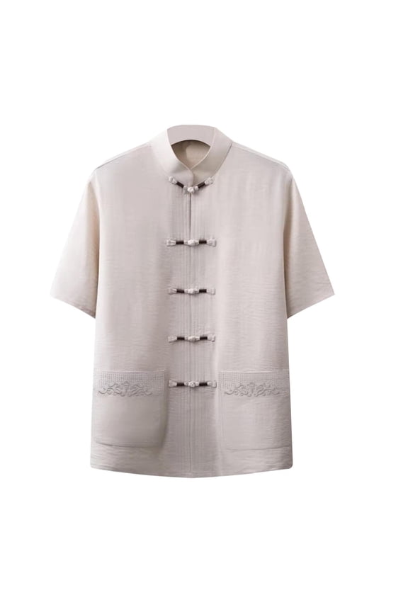 Chinese Tang Suit Short Sleeve Kung Fu Tai Chi Shirt for Men Traditional Mandarin Collar Frog-Button Linen Tops
