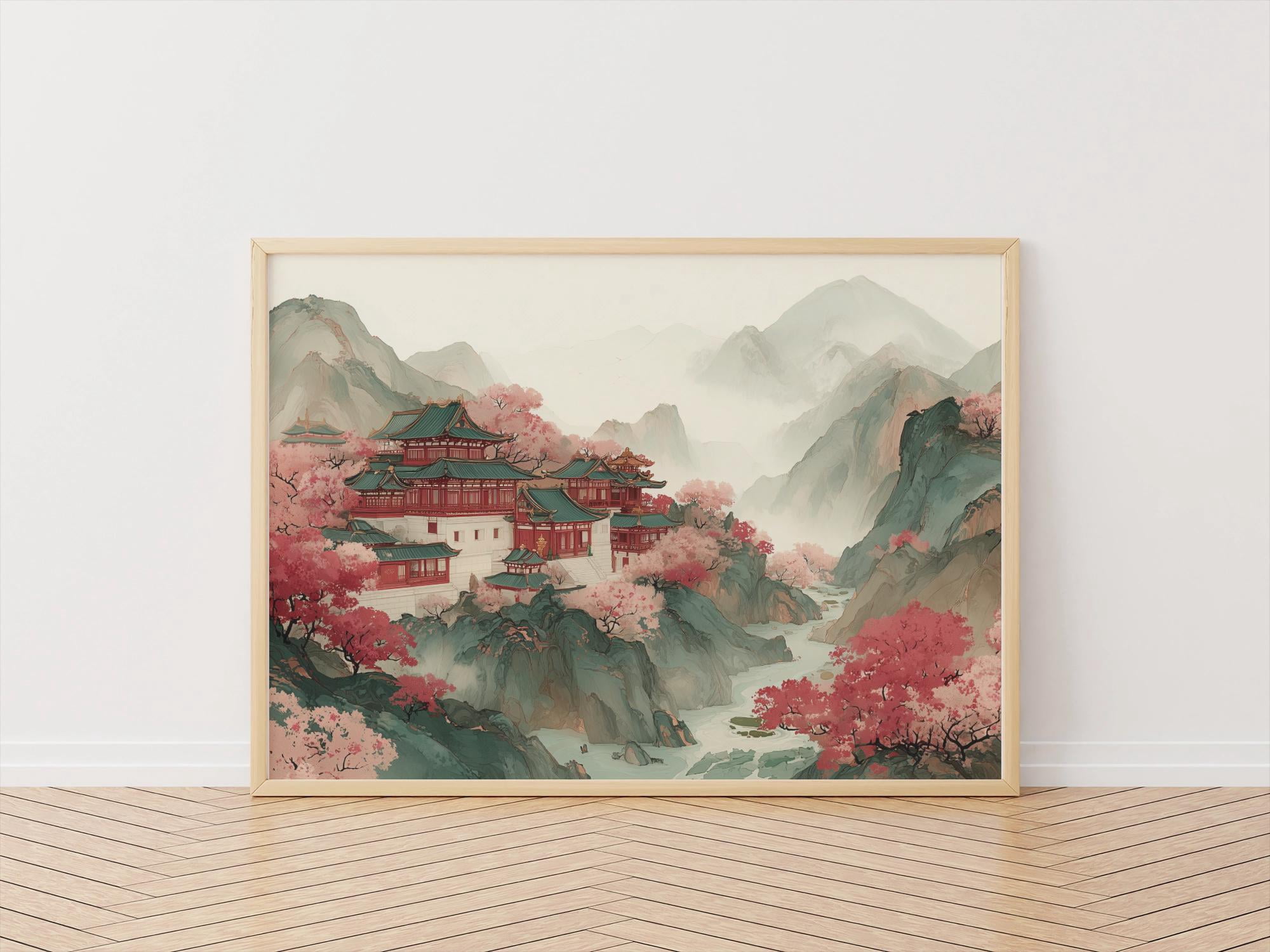 Chinese Temple Art Print Cherry Blossom Mountain Landscape - Walmart.com