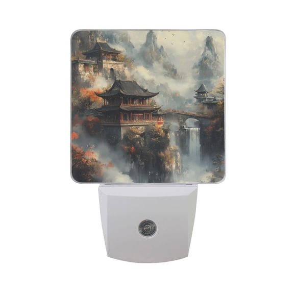 Chinese Temples on Mountain Night Light 2 Pack LED Nightlight Plug into Wall Dusk to Dawn Sensor Soft White