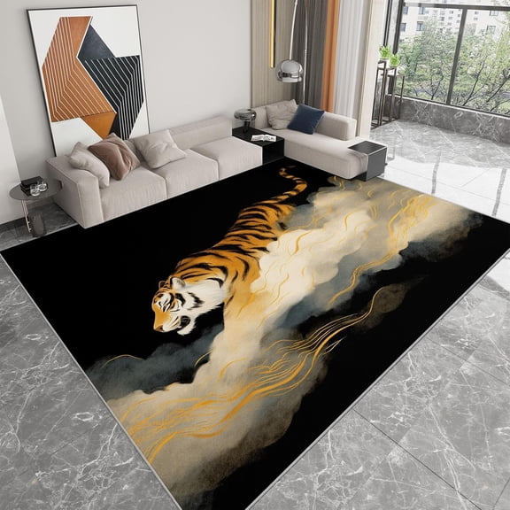 Chinese Tiger Area Rugs, Gold Cloud Tiger Carpet, Washable Non Slip Low Pile Soft Rug for Living Room Bedroom Office Decor Mat 2x3ft