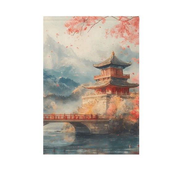 Chinese Towers and Bridges Garden Flag 12X18 Double Sided Yard Flags for Outside Outdoor All Seasonal Decoration