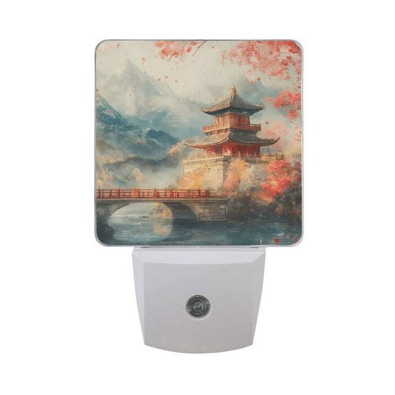 Chinese Towers and Bridges Night Light 2 Pack LED Nightlight Plug into Wall Dusk to Dawn Sensor Soft White