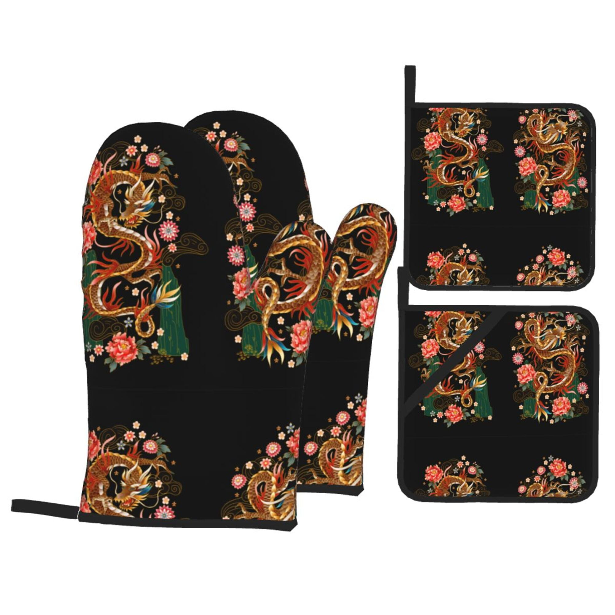 Chinese Traditional Dragons (2) Oven Mitts Pot Holders Set NonSlip