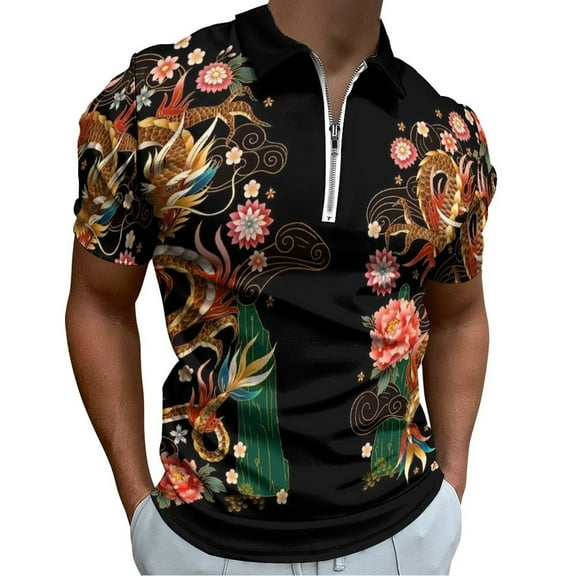 Chinese Traditional Dragons Men Zipper T-shirt Summer Casual Short Sleeve T-shirt Top