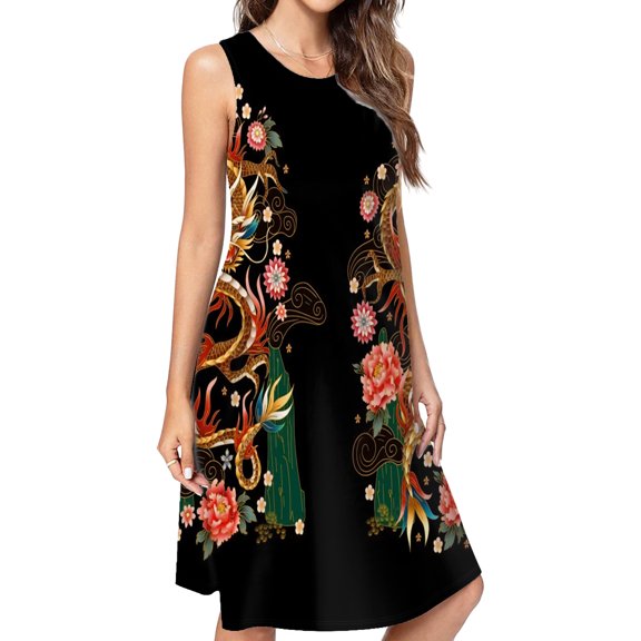 Chinese Traditional Dragons Spring Summer Dresses For Women Fashion Dress Casual Sleeveless Loose Sundress With Pockets
