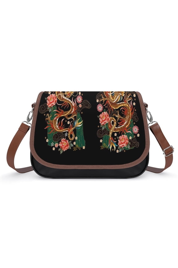 Chinese Traditional Dragons Vintage Crossbody Bag for Women Medium Leather Hobo Bags Shoulder Bag Classic City Leather Satchels