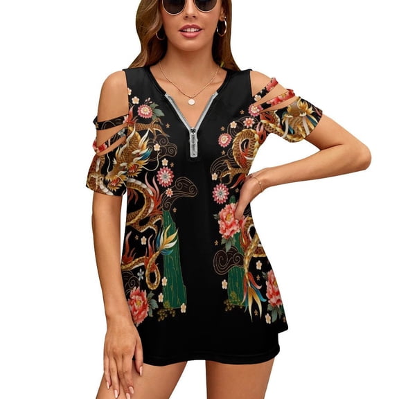 Chinese Traditional Dragons Womens Summer V Neck Zipper Top Short Sleeve T Shirt Off Shoulder Top Casual Classy Loose Shirts