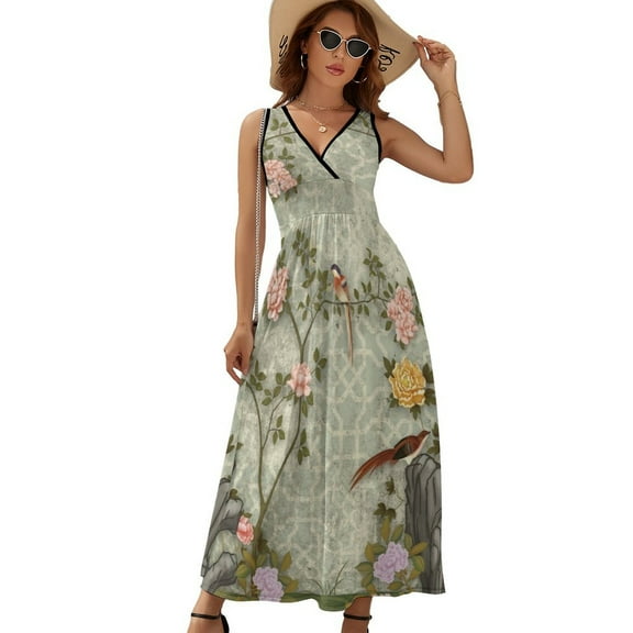 Chinese Traditional Flower Birds Dress Summer Street Style Bohemia Long Dresses Female Sleeveless Printed Maxi Dress