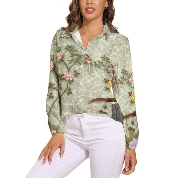 Chinese Traditional Flower Birds Long Sleeve Blouse Woman Streetwear Casual Shirts Summer Oversize Woman Streetwear Clothing Birthday Present