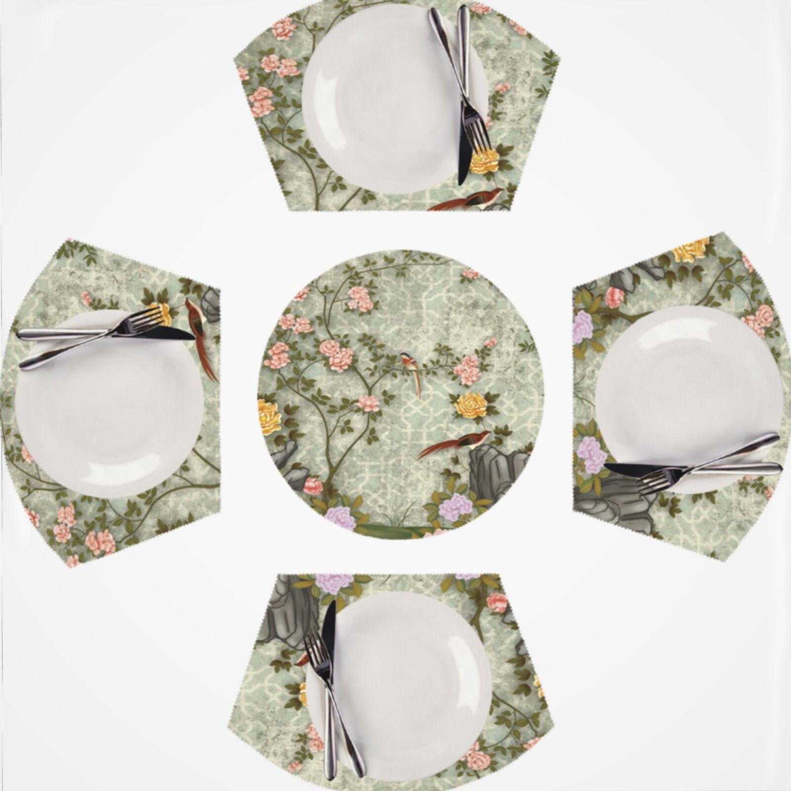 Chinese Traditional Flower Birds Round Table Placemats Set Of 5 Wedge ...