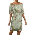 thumbnail image 1 of Chinese Traditional Flower Birds Women's Off The Shoulder Ruffles Summer Wedding Guest Loose Casual Party Beach Dress, 1 of 9