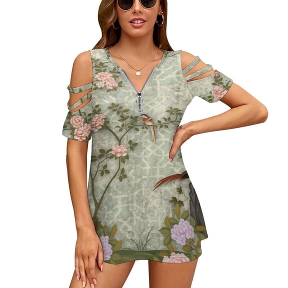 Chinese Traditional Flower Birds Womens Summer V Neck Zipper Top Short Sleeve T Shirt Off Shoulder Top Casual Classy Loose Shirts
