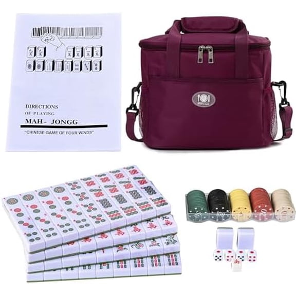 Chinese Traditional Green Large Mahjong Set, 144 Numbered Melamine 1.4" Size Tiles and 2 Blank Tiles, with Carrying Travel Bag, English Instruction, Pro Complete Mahjongg Game Set (Majiang)