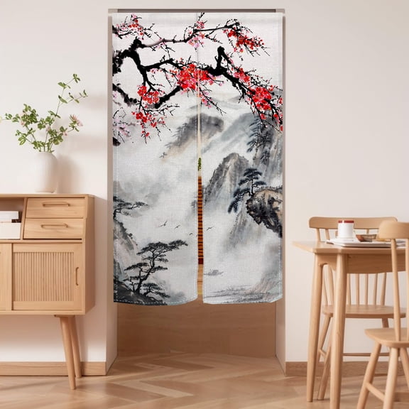 Chinese Traditional Mountain Ink Painting Doorway Curtain,Japanese Noren Bedroom Partition Kitchen Divider Bathroom Door Decor,28.3"x47.2"