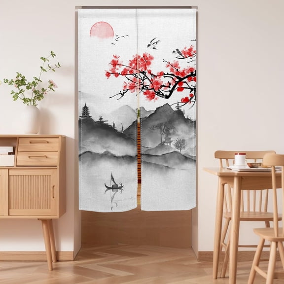 Chinese Traditional Mountain Ink Painting Doorway Curtain,Plum Blossom Japanese Noren Bedroom Partition Kitchen Divider Bathroom Door Decor,28.3"x39.3"